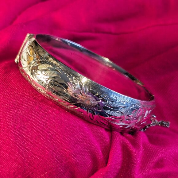 Vintage Mid-Century Sterling Burkhardt Birks Canada Engraved Floral Thick Bangle - Picture 1 of 7